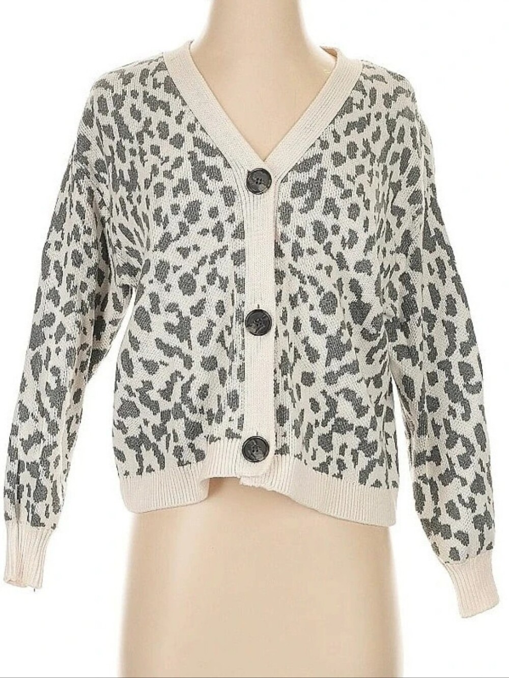 Loft Petite Leopard Print V-Neck Button Cardigan - Cream & Gray